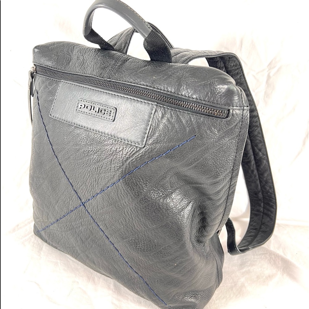 POLICE Black Leather Backpack Travel Bag